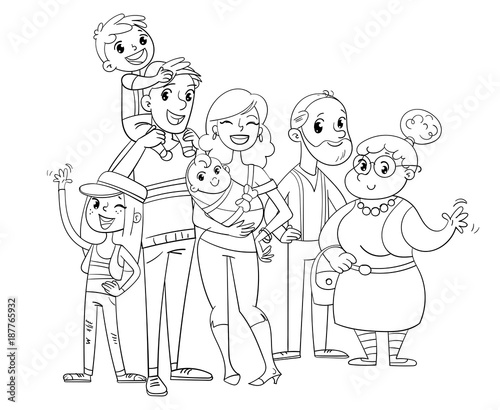 "My big family posing together. Coloring book" Stock image and royalty