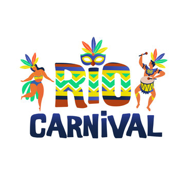 Brazil carnival. Vector illustration of funny dancing men and women in bright costumes. Design element for carnival concept.