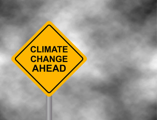 Yellow hazard road sign with Climate Change Ahead message. Bord isolated on a grey sky background. Vector illustration.