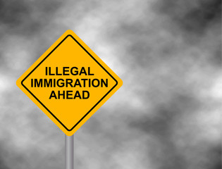 Yellow road sign with illegal Immigration Ahead message isolated on a grey sky background. Yellow hazard warning sign. Vector illustration.