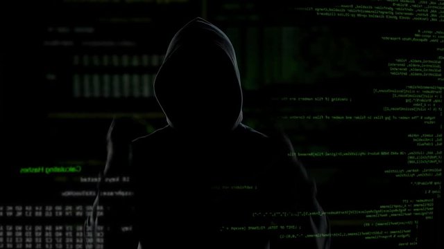 Hacker push button on virtual screen, unsuccessful hacking, face invisible
