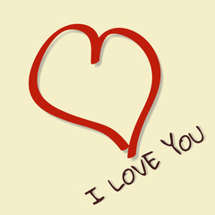 Red heart casts shadow on yellow background with text I LOVE YOU. 