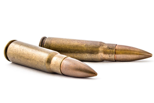 A selection of 7.62 bullets for kalashnikov, isolated on white