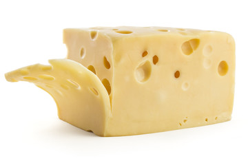 Sliced fresh emmental cheese on white background, cow cheese