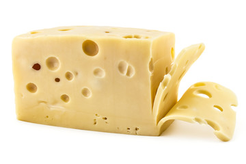 Sliced fresh emmental cheese on white background, cow cheese
