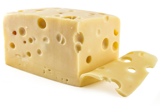 Sliced fresh emmental cheese on white background, cow cheese
