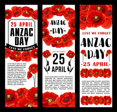 Anzac Day 25 April red poppy vector banners