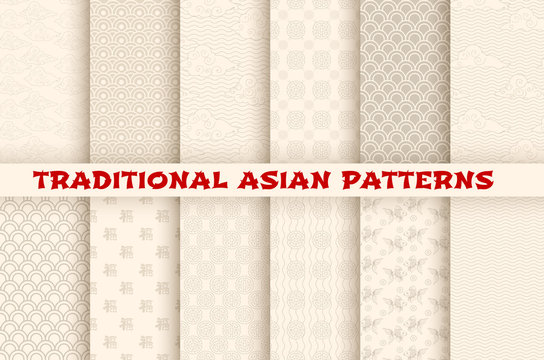 Asian Chinese Japanese vector seamless patterns