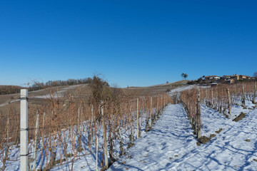 View of the Langhe hills with snow