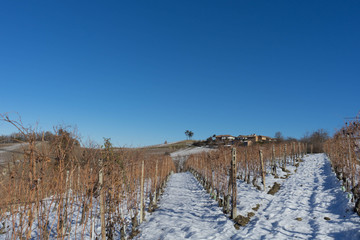 View of the Langhe hills with snow