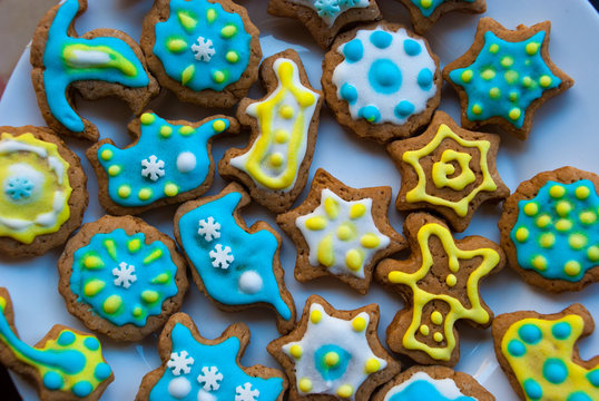 Food background of traditional christmas homemade jinger bread cookies. Different shape glaze biscuits.