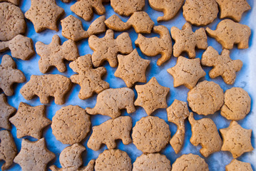 Food background of traditional homemade jinger bread cookies. Different shape biscuits.