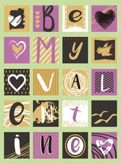 Be my Valentine creative artistic card design idea made from letters and heart shapes. 