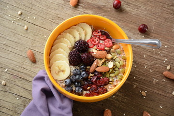 oatmeal breakfast with fruits and waffles