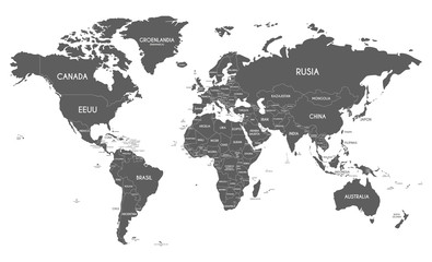 Naklejka premium Polityczna mapa świata wektor ilustracja na białym tle z nazwy kraju w języku hiszpańskim. Edytowalne i wyraźnie oznaczone warstwy.