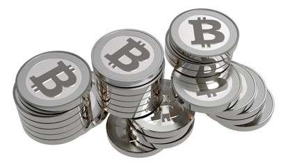Obraz premium Stack of bitcoins isolated on white. 3D illustration.