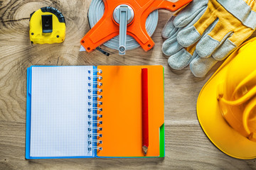 Set of notebook pencil safety gloves measuring tape building hel