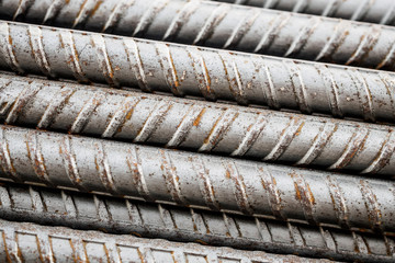 Deformed steel bars metal texture close up