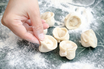 The process of making delicious home-made dumplings with meat.