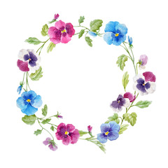 Fototapeta na wymiar Watercolor pansy flower vector wreath