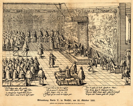 Abdication of Charles V on 25 October 1555 in Brussels (from Spamers Illustrierte  Weltgeschichte, 1894, 5[1], 400/401)