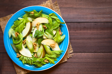 Fresh celery, pear and walnut salad on blue plate, photographed overhead with natural light (Selective Focus, Focus on the salad)