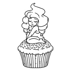 Cupcake cream fairy. Cute girl on cupcake. Isolated objects on white background. Vector illustration. Coloring outline.