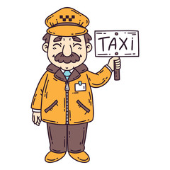Happy taxi driver. Isolated objects on white background. Cartoon vector illustration.