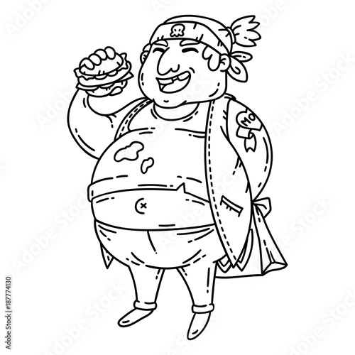"Fat man with burger. Obese character. Cartoon vector illustration