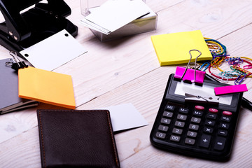 Stationery and calculator. Business accessories and ideas concept