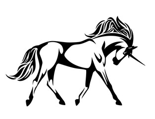 running unicorn horse - black and white side view vector design