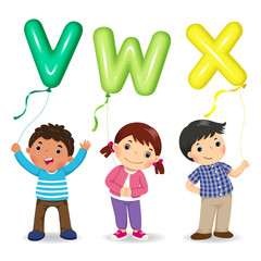 Cartoon kids holding letter VWX shaped balloons