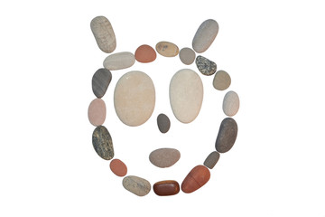 The animal's face is lined with multicolored sea pebbles isolated on white background