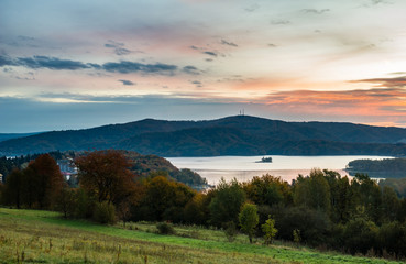 Sunrise over the Solina lake in Polanczyk, Bieszczady, Poland
