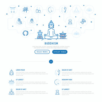 Buddhism concept with thin line icons: yoga, meditation, Buddha, Yin-Yang, candles, Aum letter, aromatherapy, pagoda, temple. Modern vector illustration, web page template.