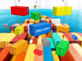 Delivery background concept Cargo shipping containers The crane lifts the containers on storage area background 3d
