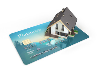 Concept of purchase or payment for housing Illustration of a house placed on a credit card isolated on white background 3d render