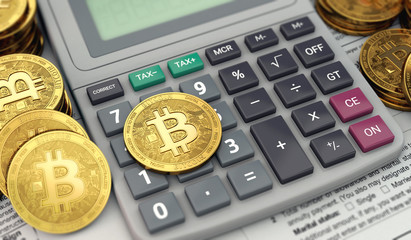 Calculator, documents and bitcoins. Cryptocurrency tax return concept. 3D rendering