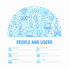 People and users concept in half circle with thin line icons: management, communication, human resources, teamwork, candidate. Modern vector illustration, web page template.