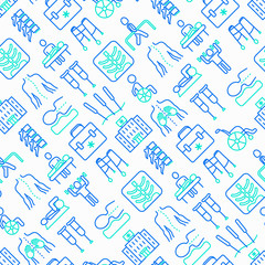Physiotherapy seamless pattern with thin line icons: rehabilitation, physiotherapist, acupuncture, massage, go-carts, vertebrae; x-ray, trauma, crutches, wheelchair. Vector illustration.