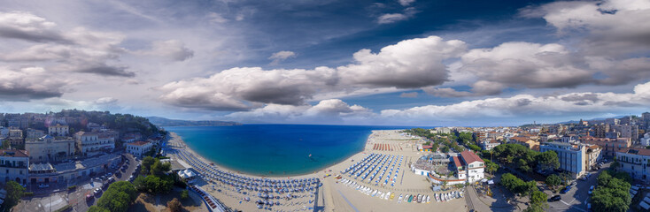 Panoramic aerial view of Soverato coastline and beaches in summer, Calabria - Italy