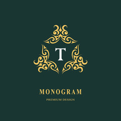 Beautiful monogram. Elegant emblem. Art logo design. Letter T. Graceful template. Business sign, identity for Restaurant, Royalty, Boutique, Cafe, Hotel, Heraldic, Jewelry, Fashion Vector illustration