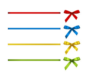 Set of decorative satin bows with horizontal  ribbons isolated on white. Concept for invitation, banners, gift cards, congratulation or website layout vector.