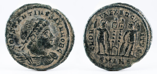 Ancient Roman copper coin of Emperor Constantius II.