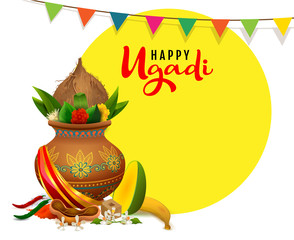 Happy ugadi greeting card text. Indian holiday traditional food in pot