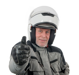 senior rider with white helmet isolated on the white background