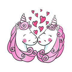 Cute hand drawn Unicorns in love.