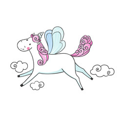 Flying hand drawn cartoon Unicorn.