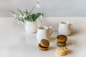Close up of a jug of milk and french macaroon with a taste of caramel and chocolate on a white background, shallow depth of focus. Concept Valentine day.