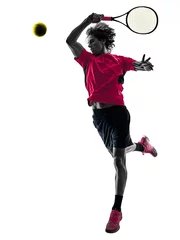 Poster one caucasian hispanic tennis player man in studio silhouette isolated on white background © snaptitude
